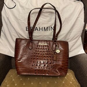 Brahmin Melbourne Asher Pecan Brown Croc Embossed Leather Tote Shoulder Bag